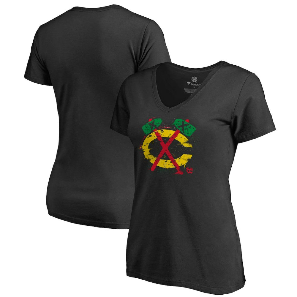 Chicago Blackhawks Women's Splatter Logo V-Neck T-Shirt - Black | NHL on sale