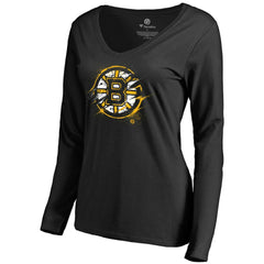 Boston Bruins Women's Splatter Logo V-Neck Long Sleeve T-Shirt - Black | NHL Lifestyle