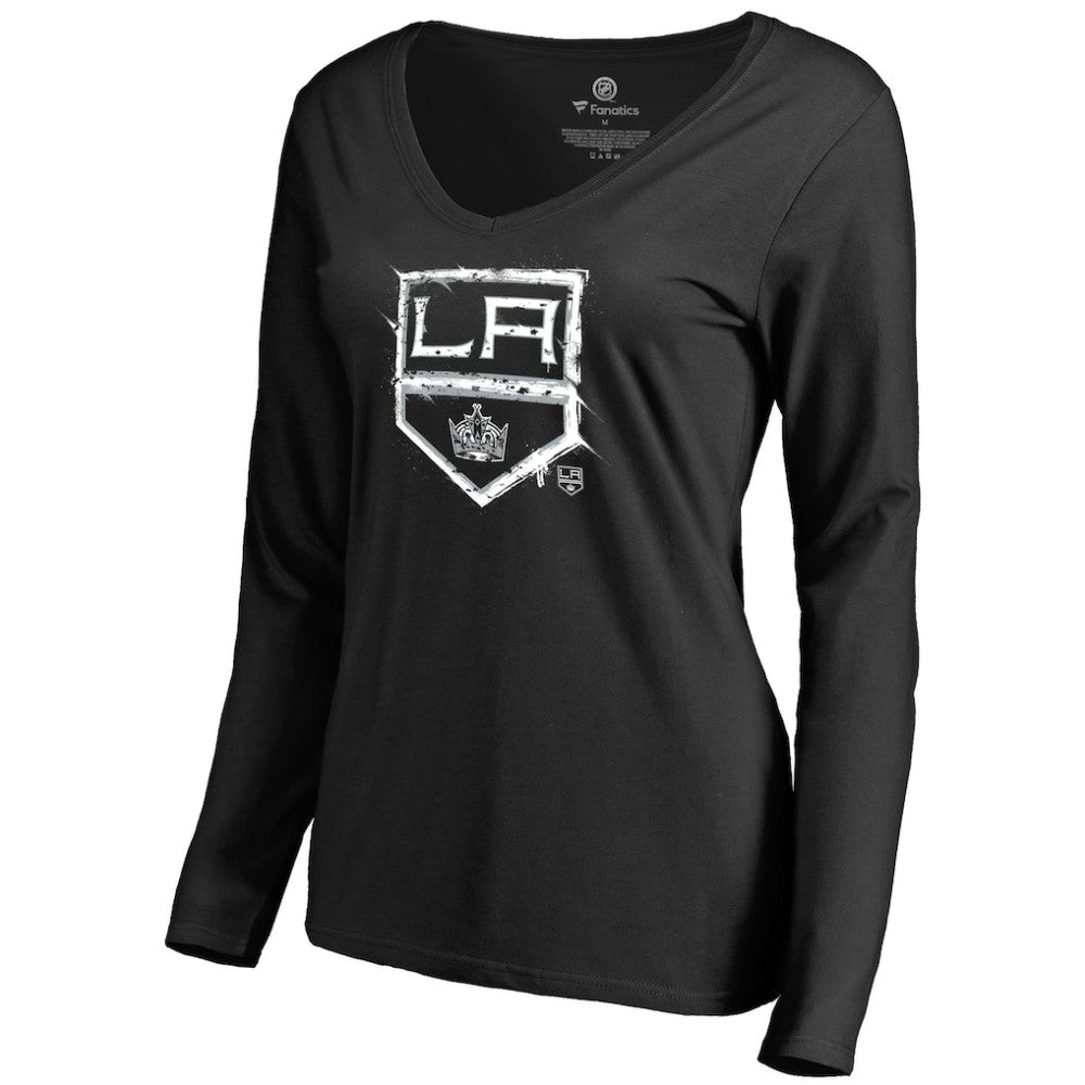 Los Angeles Kings Women's Splatter Logo V-Neck Long Sleeve T-Shirt - Black | NHL Lifestyle
