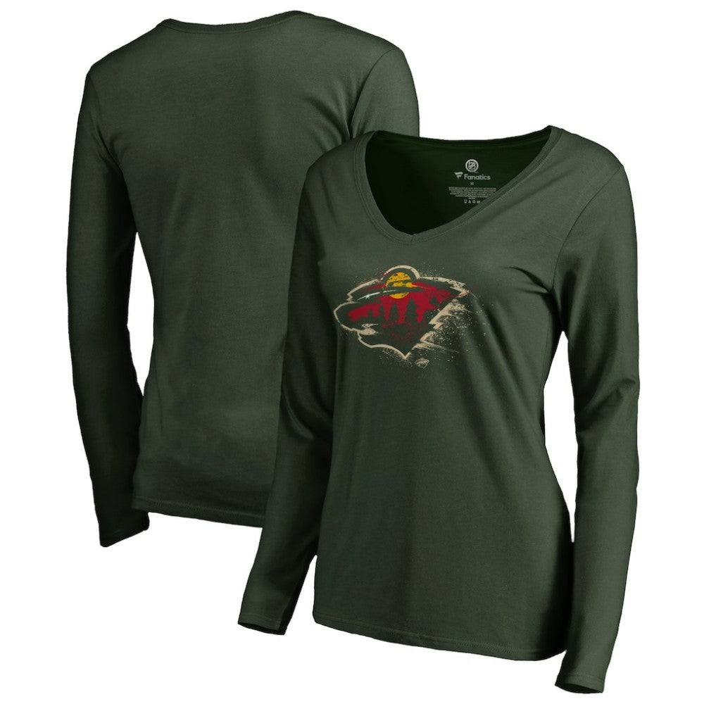 Minnesota Wild Women's Splatter Logo V-Neck Long Sleeve T-Shirt - Green | NHL discount