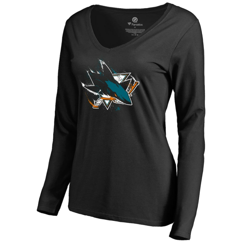 San Jose Sharks Women's Splatter Logo V-Neck Long Sleeve T-Shirt - Black | NHL online
