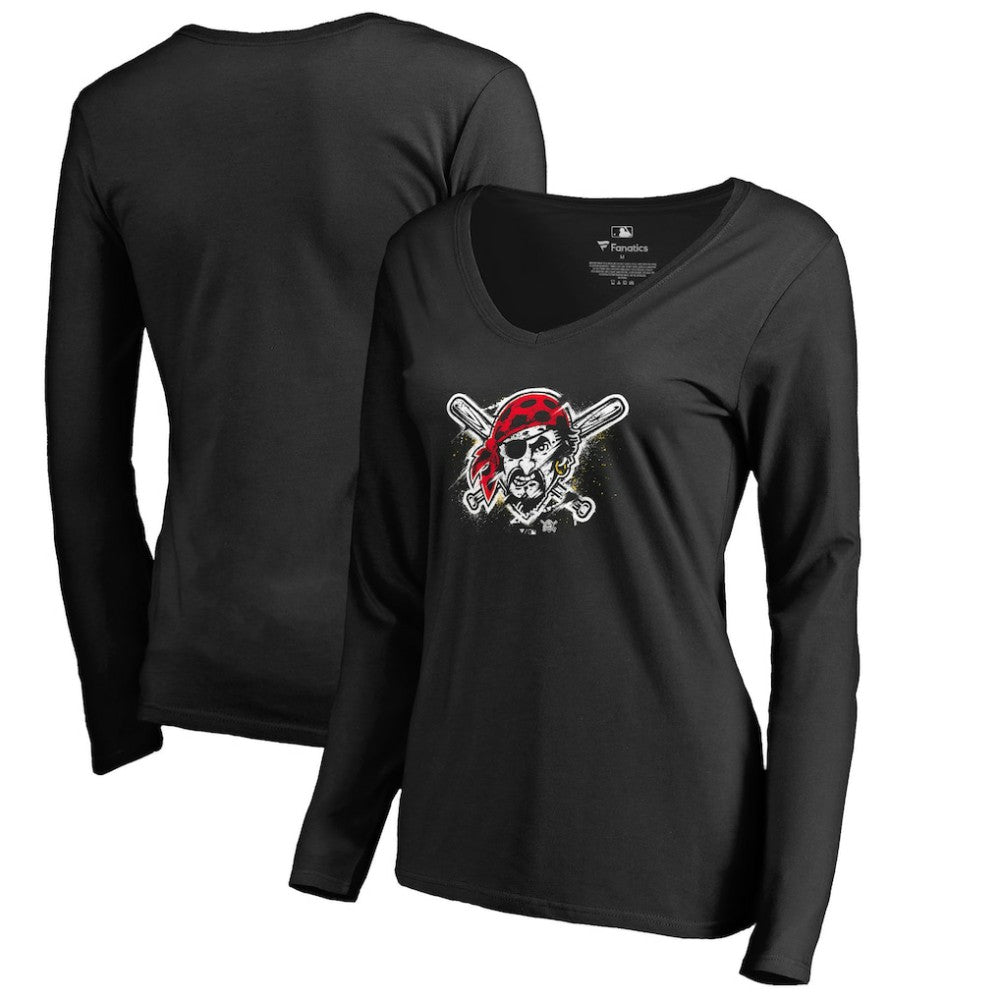 Pittsburgh Pirates Women's Splatter Logo Long Sleeve V-Neck T-Shirt Sale