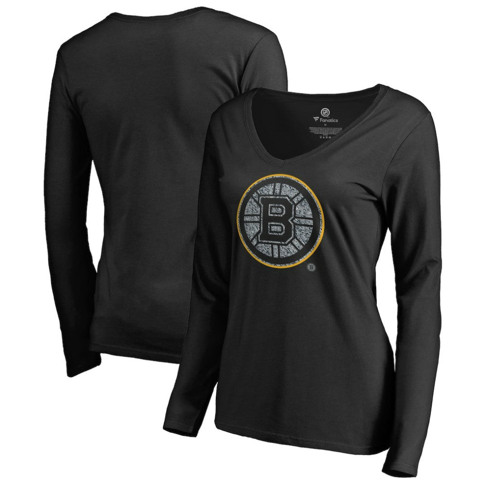 Boston Bruins Women's Static Logo Long Sleeve V-Neck T-Shirt - Black | NHL Clearance