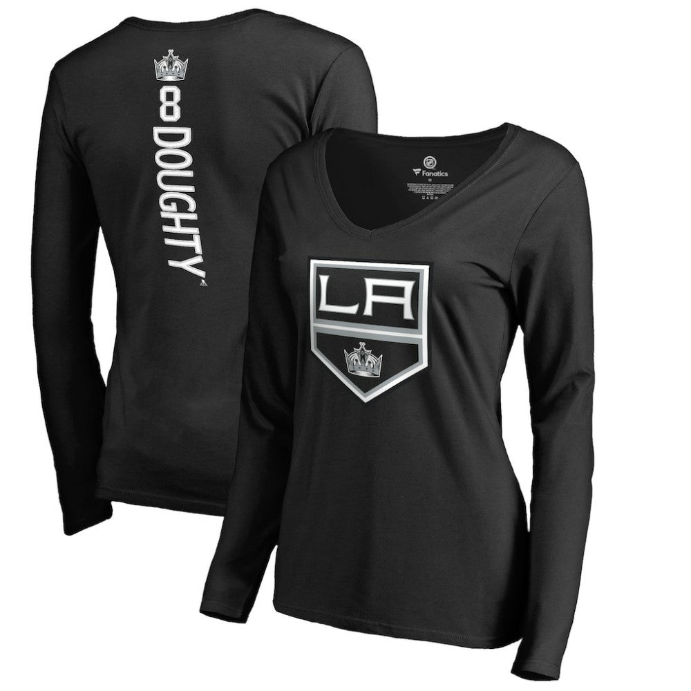 Drew Doughty Los Angeles Kings Women's Backer Name & Number Slim Fit Long Sleeve V-Neck T-Shirt - Black | NHL Clearance