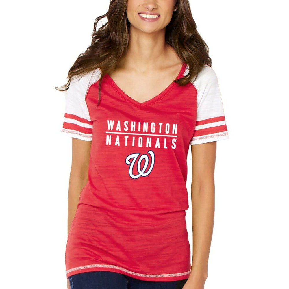 Washington Nationals Soft as a Grape Women's Color Block V-Neck T-Shirt Outlet