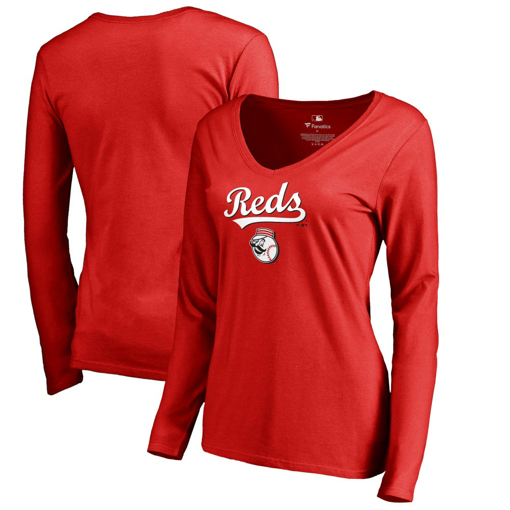 Cincinnati Reds Women's Team Lockup Slim Fit Long Sleeve V-Neck T-Shirt for sale