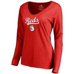 Cincinnati Reds Women's Team Lockup Slim Fit Long Sleeve V-Neck T-Shirt for sale