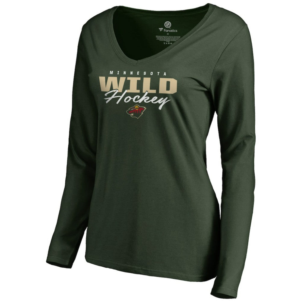 Minnesota Wild Women's Iconic Collection Script Assist Long Sleeve V-Neck T-Shirt - Green | NHL near me