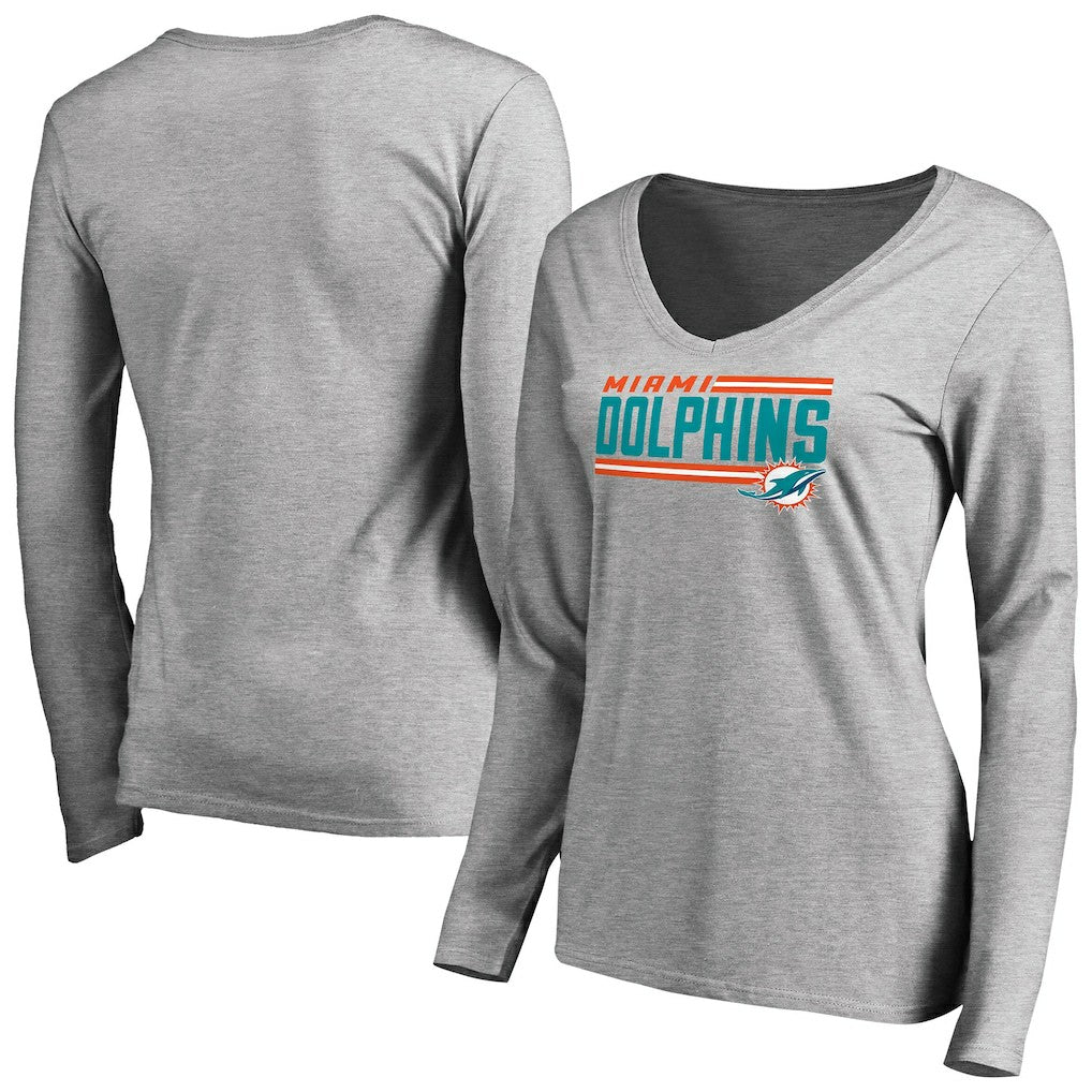 Miami Dolphins Women's Iconic Collection On Side Stripe Long Sleeve V-Neck T-Shirt - Ash - NFL