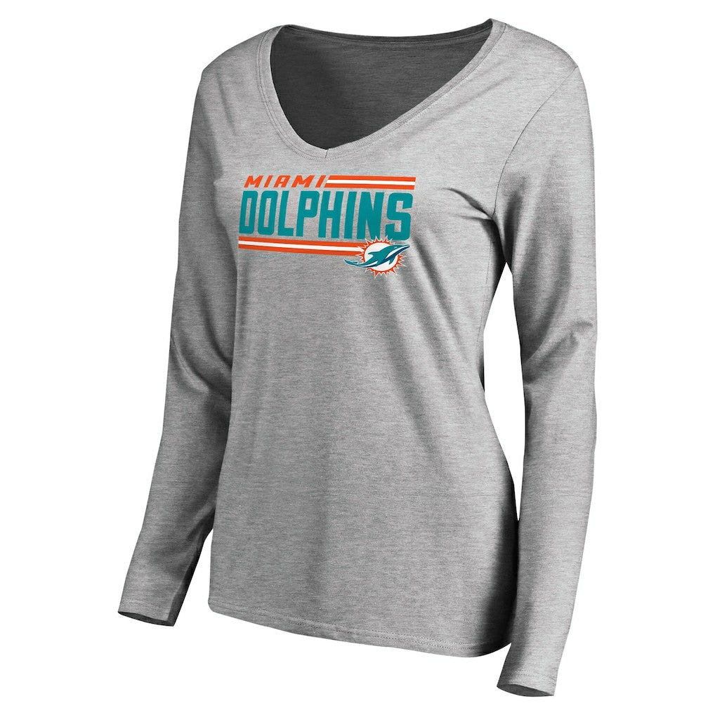 Miami Dolphins Women's Iconic Collection On Side Stripe Long Sleeve V-Neck T-Shirt - Ash - NFL