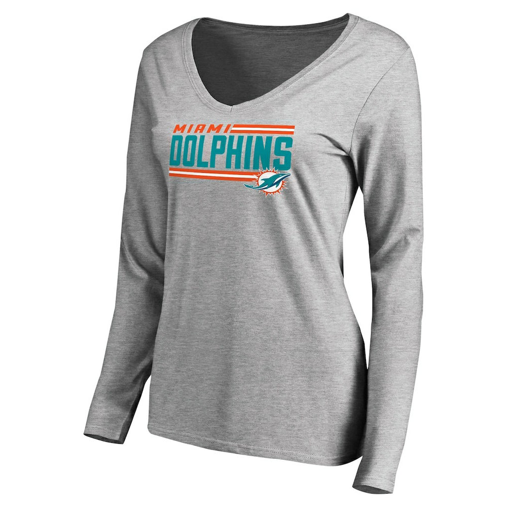 Miami Dolphins Women's Iconic Collection On Side Stripe Long Sleeve V-Neck T-Shirt - Ash - NFL