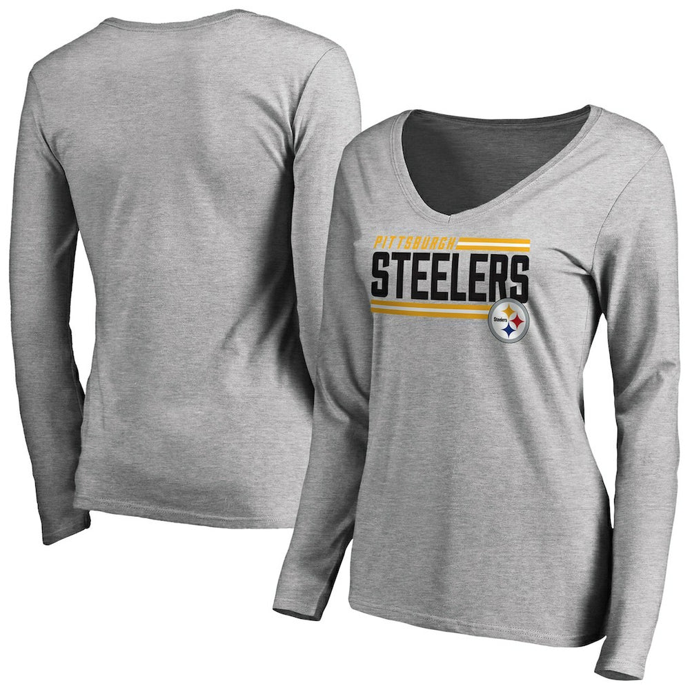 Pittsburgh Steelers Women's Iconic Collection On Side Stripe Long Sleeve V-Neck T-Shirt - Ash - NFL