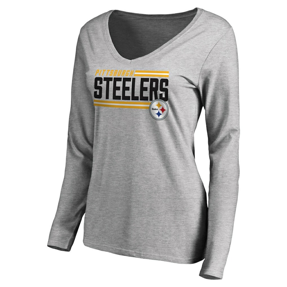Pittsburgh Steelers Women's Iconic Collection On Side Stripe Long Sleeve V-Neck T-Shirt - Ash - NFL