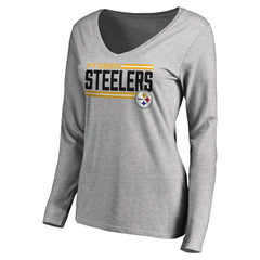 Pittsburgh Steelers Women's Iconic Collection On Side Stripe Long Sleeve V-Neck T-Shirt - Ash - NFL
