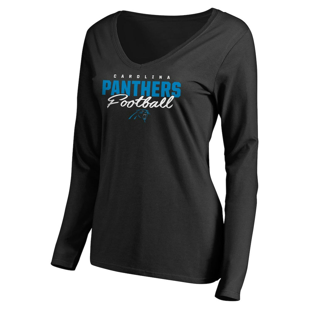 Carolina Panthers Women's Iconic Collection Script Assist Long Sleeve V-Neck T-Shirt - Black - NFL
