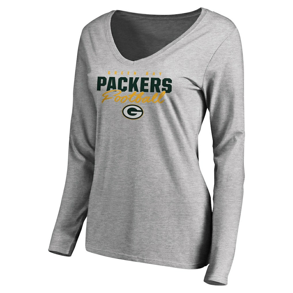 Green Bay Packers Women's Iconic Collection Script Assist Long Sleeve V-Neck T-Shirt - Ash - NFL