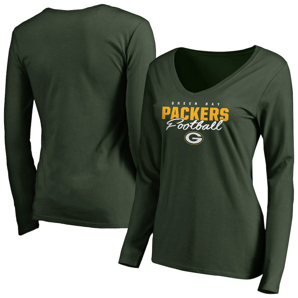 Green Bay Packers Women's Iconic Collection Script Assist Long Sleeve V-Neck T-Shirt - Green - NFL