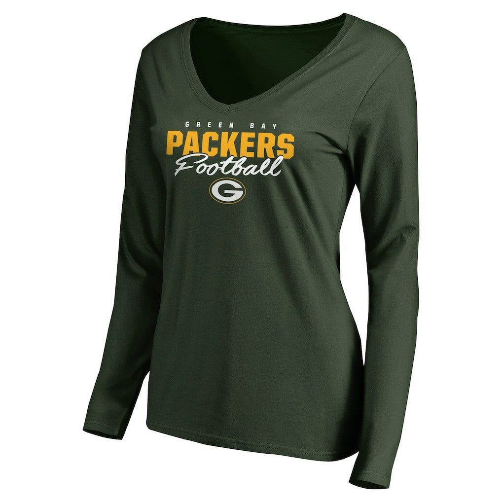 Green Bay Packers Women's Iconic Collection Script Assist Long Sleeve V-Neck T-Shirt - Green - NFL