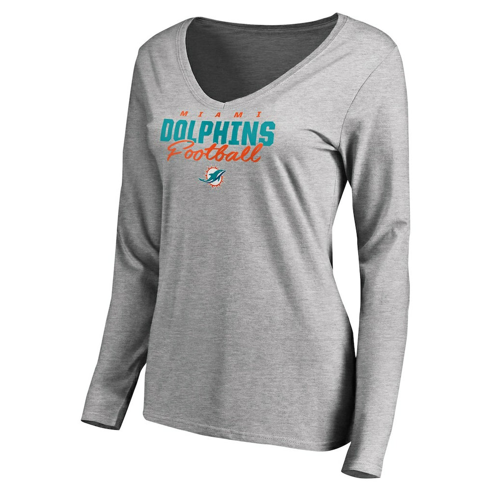 Miami Dolphins Women's Iconic Collection Script Assist Long Sleeve V-Neck T-Shirt - Ash - NFL