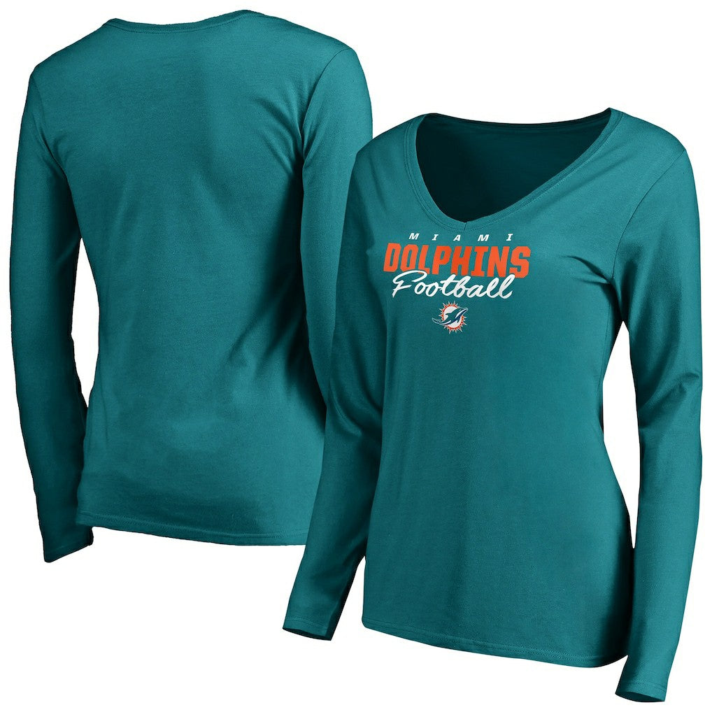 Miami Dolphins Women's Iconic Collection Script Assist Long Sleeve V-Neck T-Shirt - Aqua - NFL
