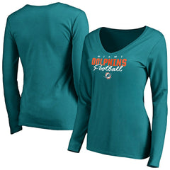 Miami Dolphins Women's Iconic Collection Script Assist Long Sleeve V-Neck T-Shirt - Aqua - NFL