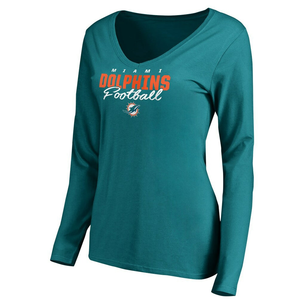 Miami Dolphins Women's Iconic Collection Script Assist Long Sleeve V-Neck T-Shirt - Aqua - NFL