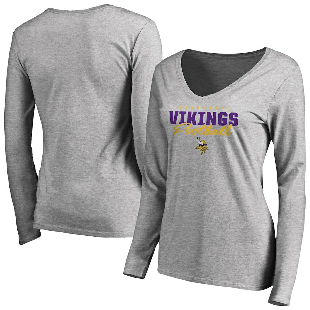 Minnesota Vikings Women's Iconic Collection Script Assist Long Sleeve V-Neck T-Shirt - Ash - NFL