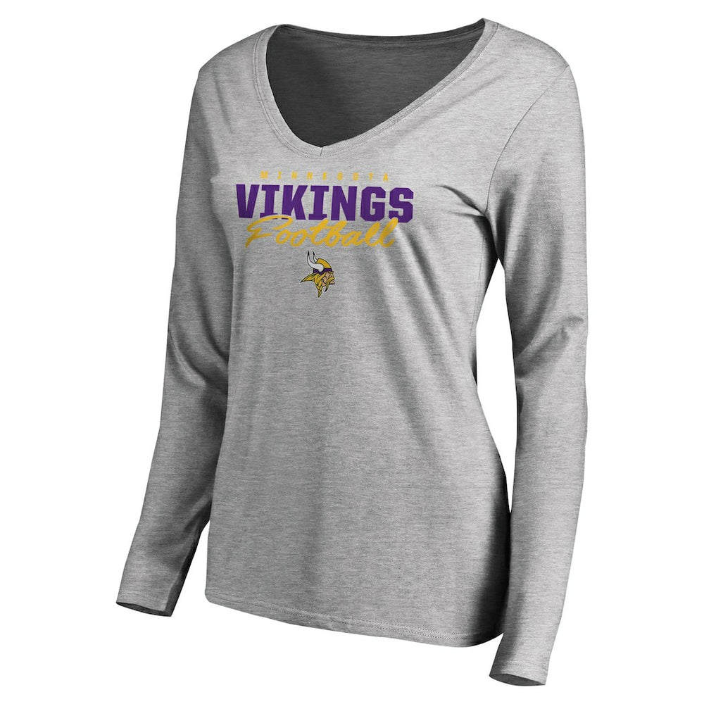 Minnesota Vikings Women's Iconic Collection Script Assist Long Sleeve V-Neck T-Shirt - Ash - NFL
