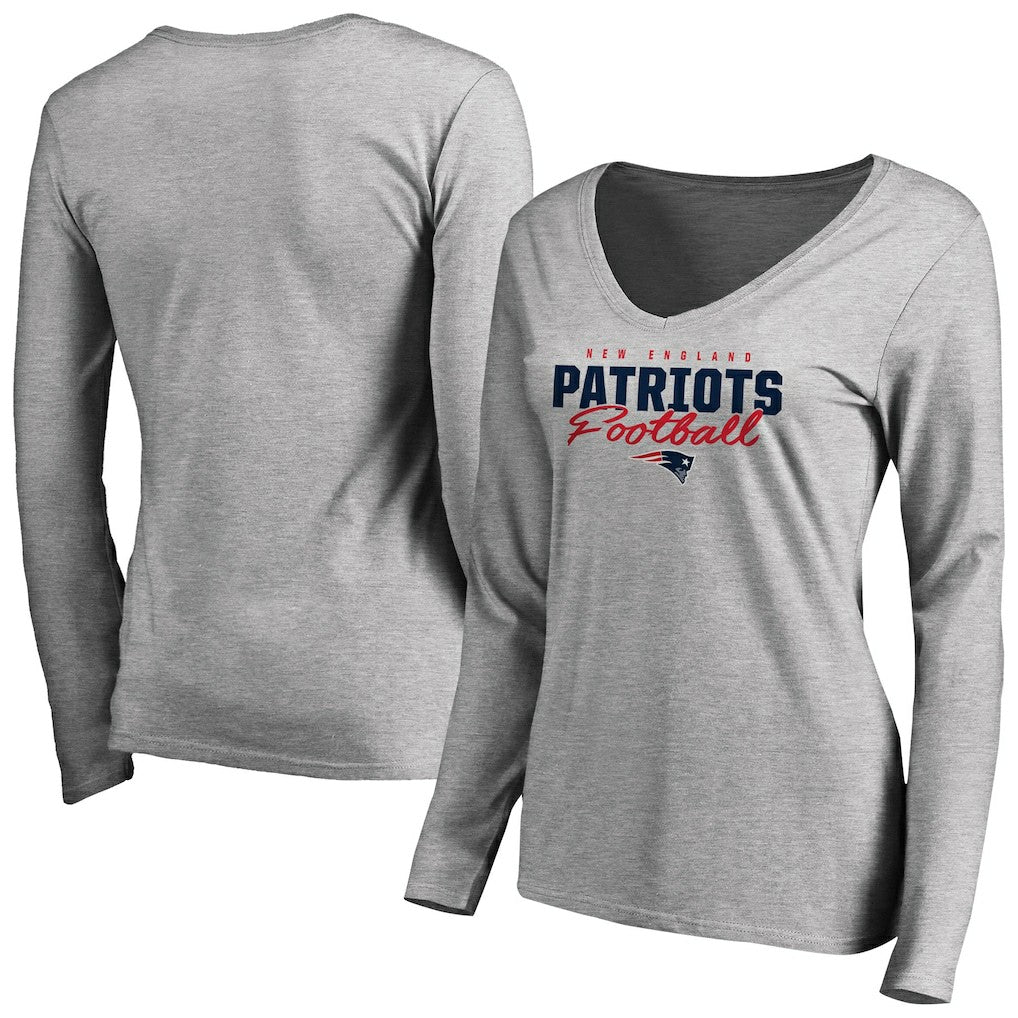 New England Patriots Women's Iconic Collection Script Assist Long Sleeve V-Neck T-Shirt - Ash - NFL