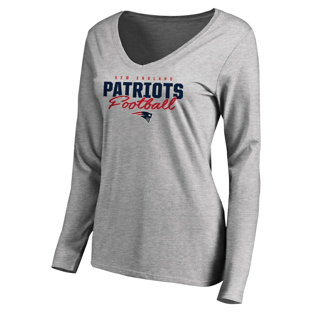 New England Patriots Women's Iconic Collection Script Assist Long Sleeve V-Neck T-Shirt - Ash - NFL