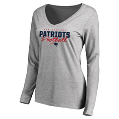 New England Patriots Women's Iconic Collection Script Assist Long Sleeve V-Neck T-Shirt - Ash - NFL