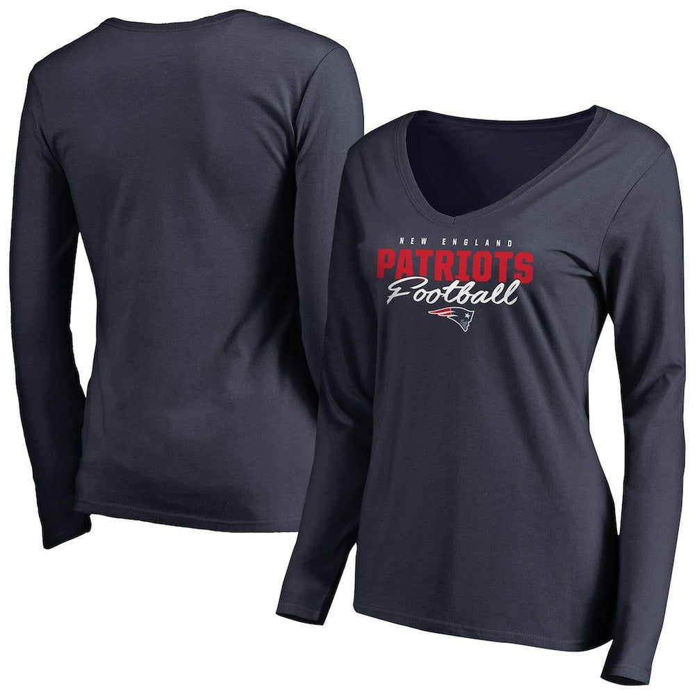 New England Patriots Women's Iconic Collection Script Assist Long Sleeve V-Neck T-Shirt - Navy - NFL