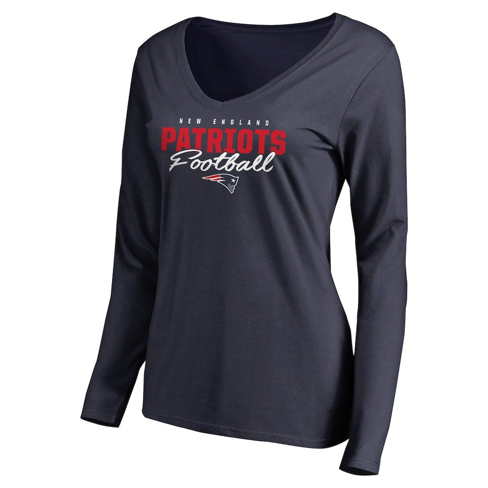 New England Patriots Women's Iconic Collection Script Assist Long Sleeve V-Neck T-Shirt - Navy - NFL
