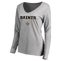 New Orleans Saints Women's Iconic Collection Script Assist Long Sleeve V-Neck T-Shirt - Ash - NFL