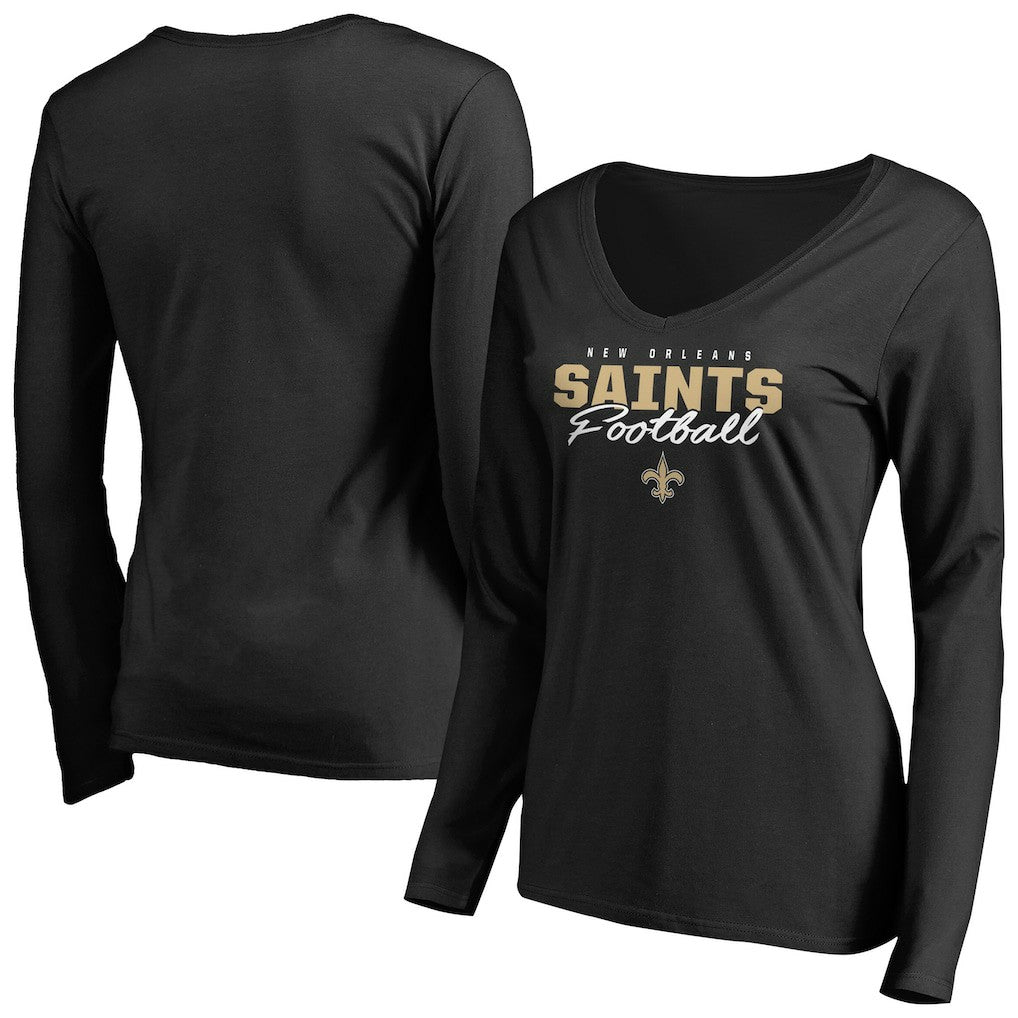 New Orleans Saints Women's Iconic Collection Script Assist Long Sleeve V-Neck T-Shirt - Black - NFL