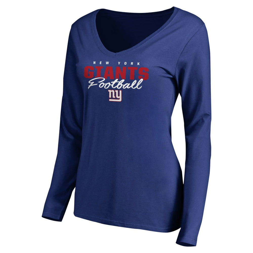 New York Giants Women's Iconic Collection Script Assist Long Sleeve V-Neck T-Shirt - Royal - NFL