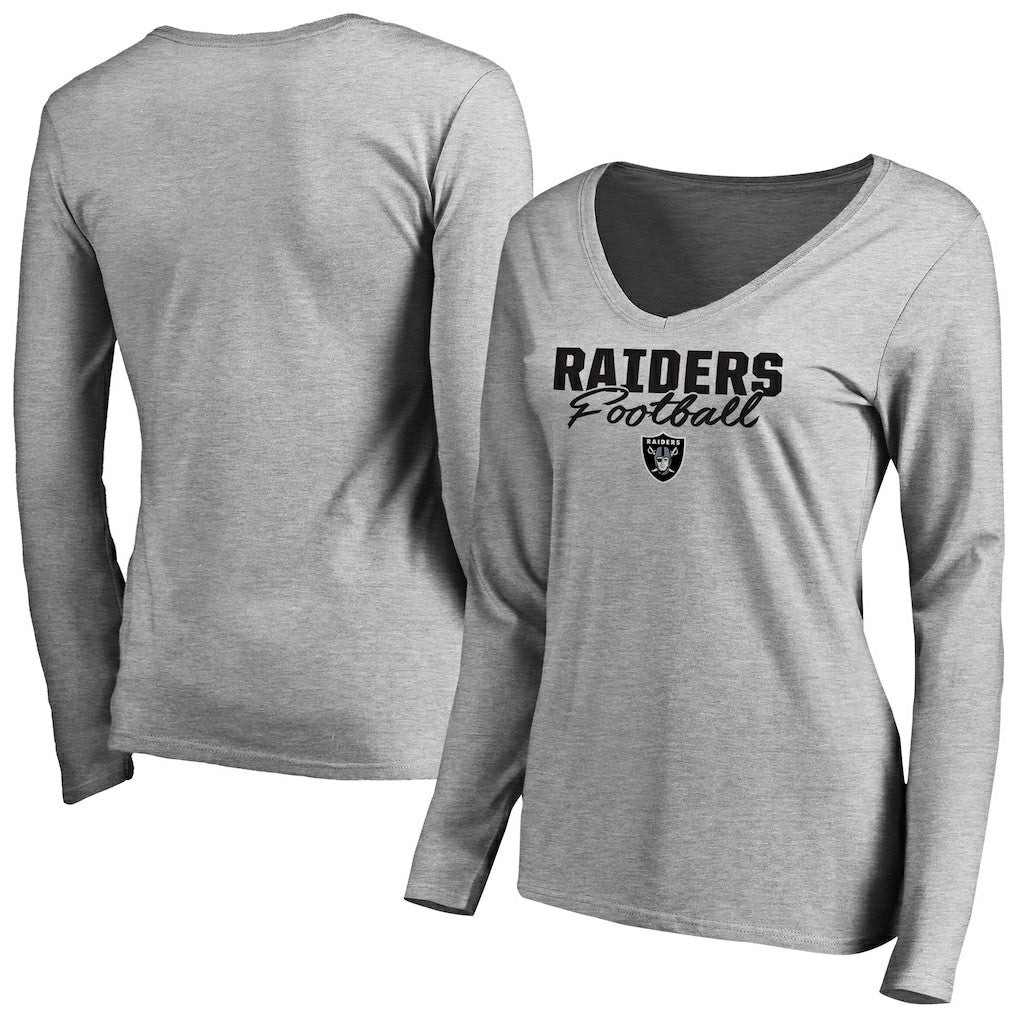 Las Vegas Raiders Women's Iconic Collection Script Assist Long Sleeve V-Neck T-Shirt - Ash - NFL
