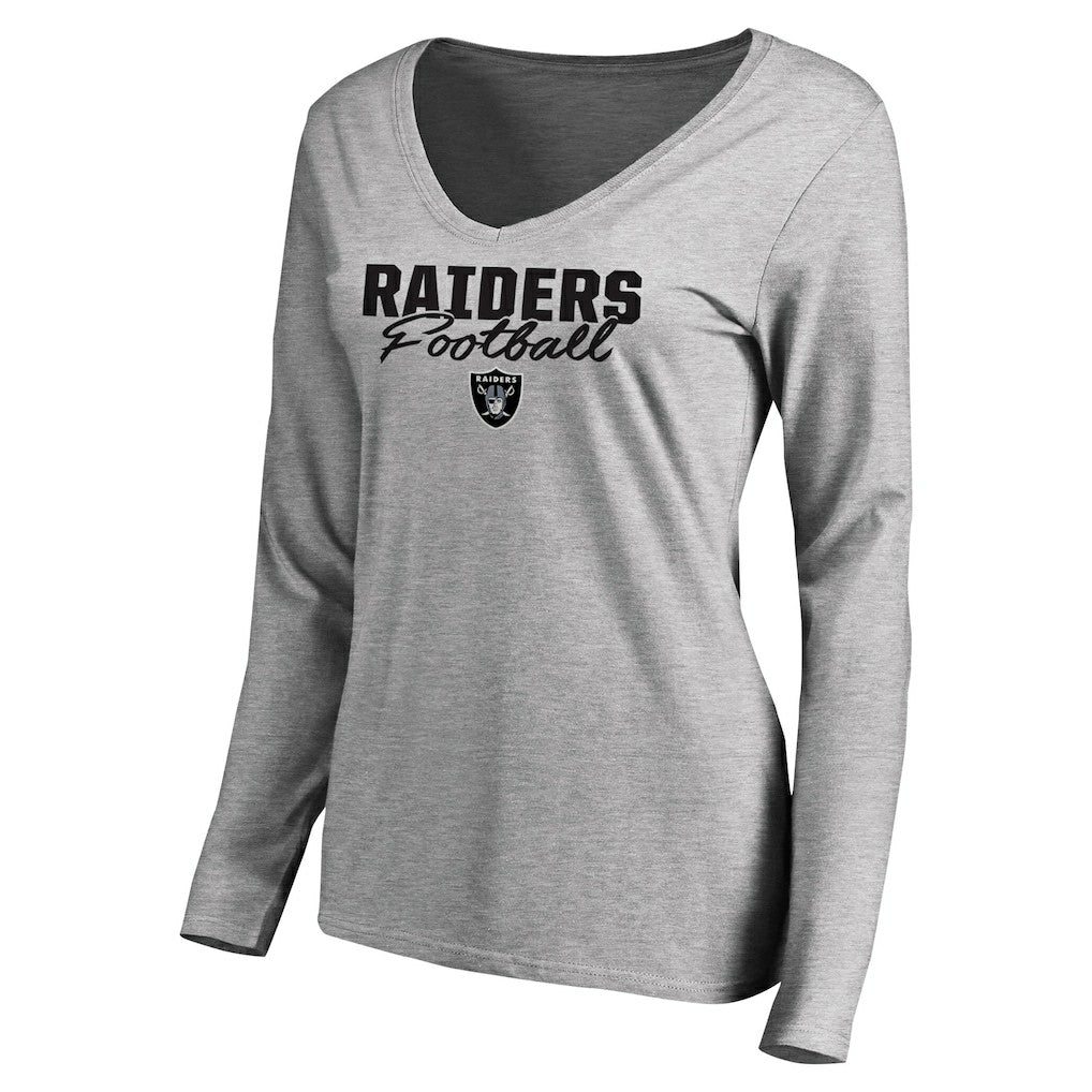 Las Vegas Raiders Women's Iconic Collection Script Assist Long Sleeve V-Neck T-Shirt - Ash - NFL