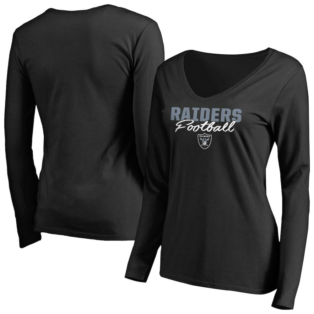 Las Vegas Raiders Women's Iconic Collection Script Assist Long Sleeve V-Neck T-Shirt - Black - NFL