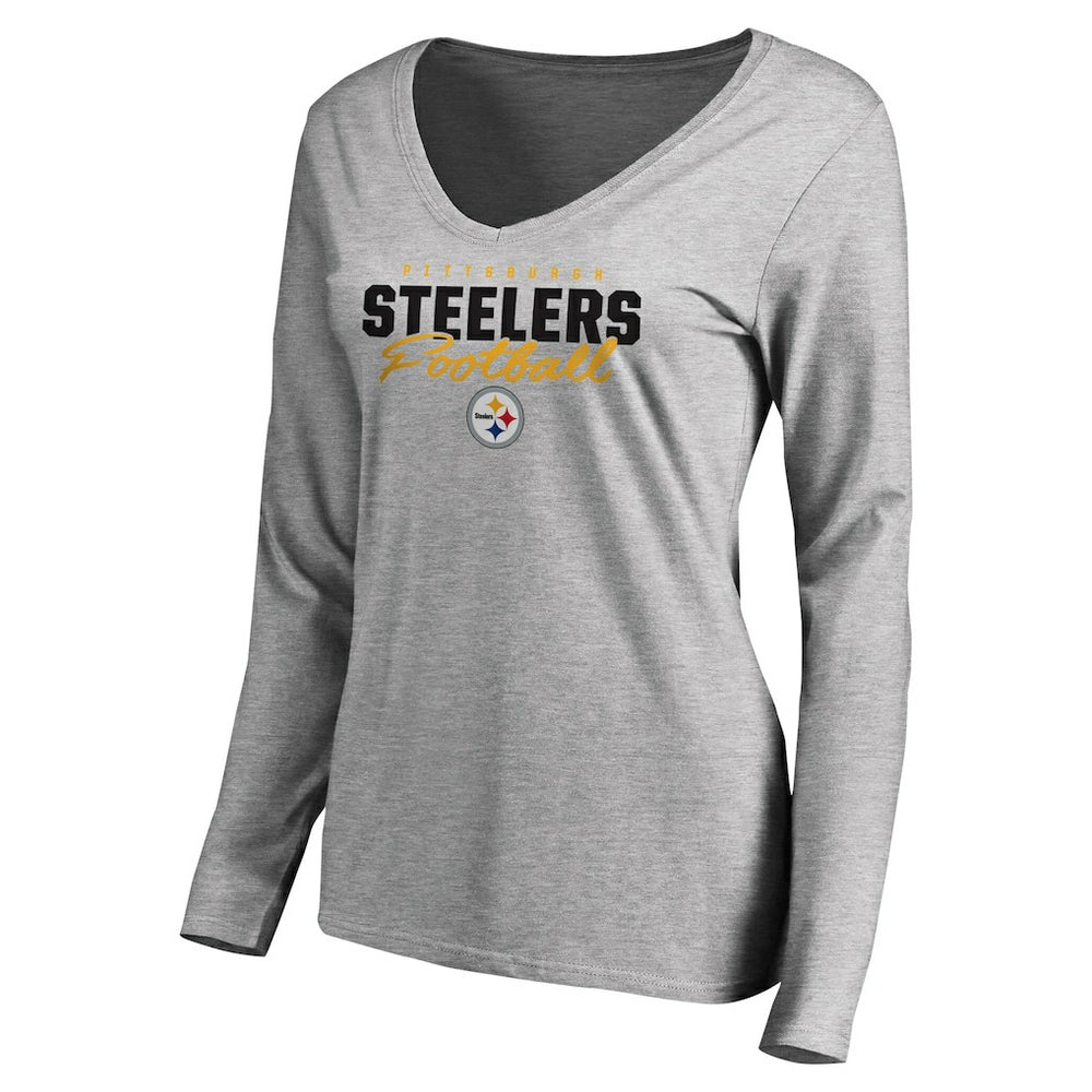 Pittsburgh Steelers Women's Iconic Collection Script Assist Long Sleeve V-Neck T-Shirt - Ash - NFL