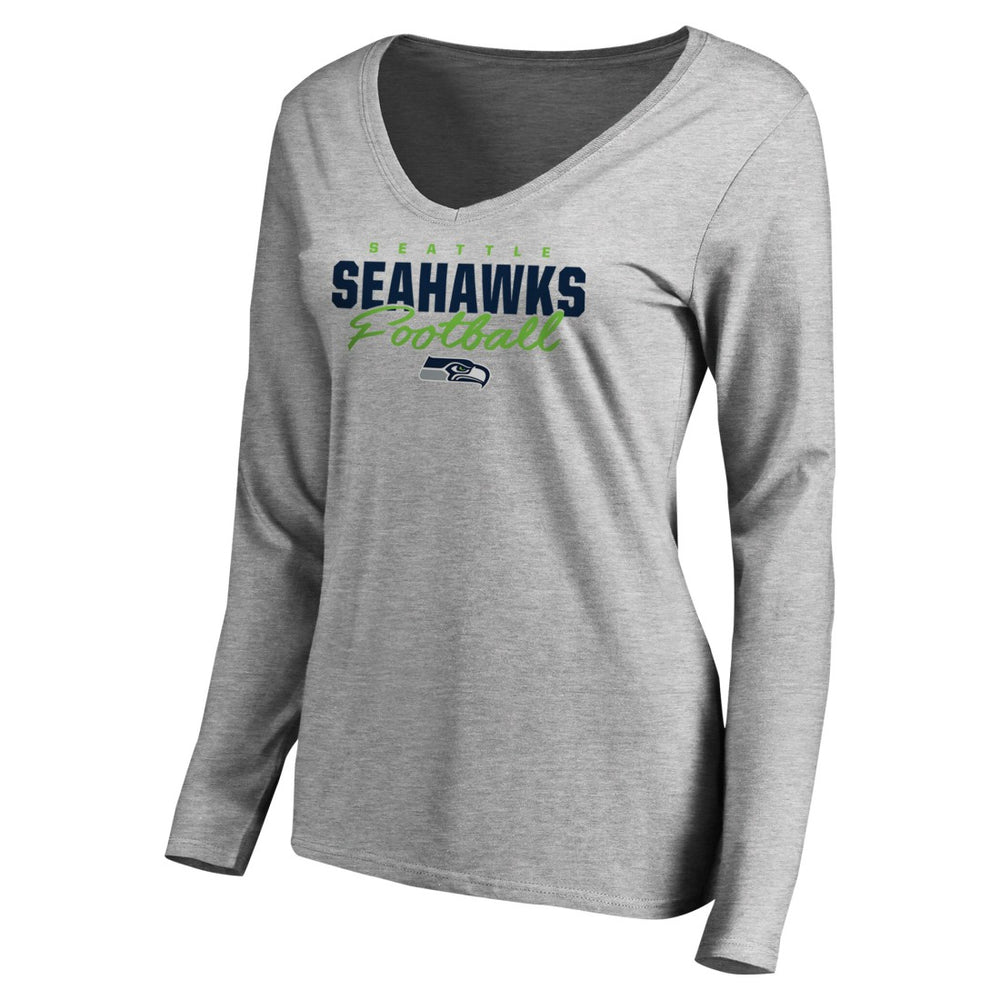 Seattle Seahawks Women's Iconic Collection Script Assist Long Sleeve V-Neck T-Shirt - Ash - NFL