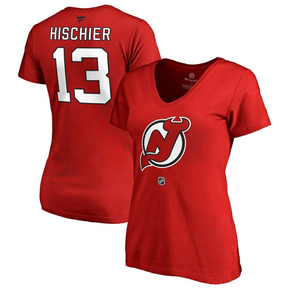 Nico Hischier New Jersey Devils Women's Authentic Stack Name & Number V-Neck T-Shirt - Red | NHL on sale