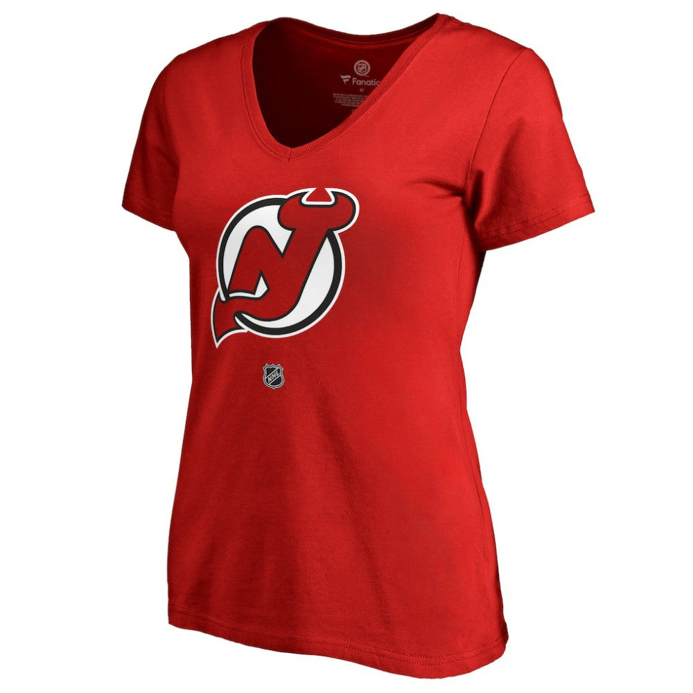 Nico Hischier New Jersey Devils Women's Authentic Stack Name & Number V-Neck T-Shirt - Red | NHL on sale