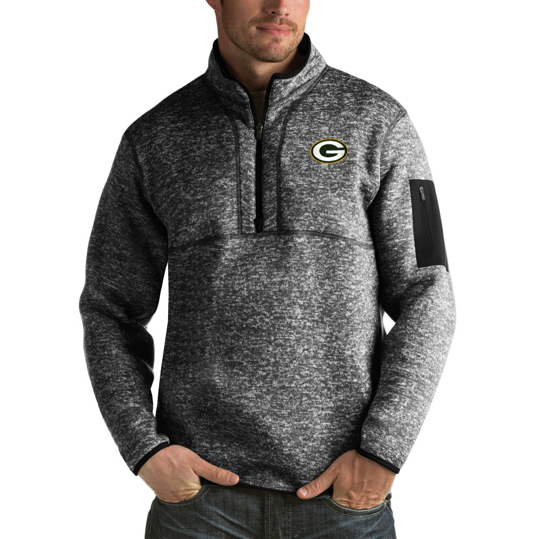 Green Bay Packers Antigua Fortune Big & Tall Quarter-Zip Pullover Jacket - Heather Black - NFL