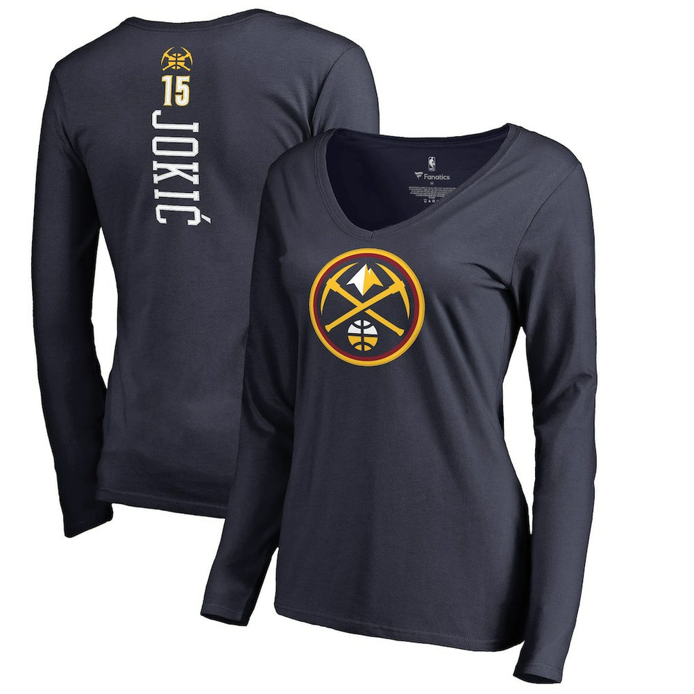 Nikola Jokic Denver Nuggets Women's Team Backer Name & Number Long Sleeve V-Neck T-Shirt Navy