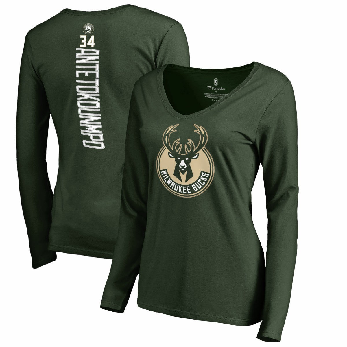 Giannis Antetokounmpo Milwaukee Bucks Women's Team Backer Name & Number Long Sleeve V-Neck T-Shirt Hunter Green