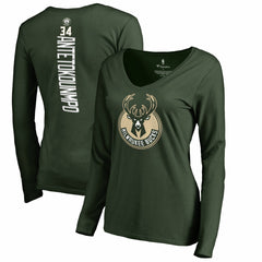 Giannis Antetokounmpo Milwaukee Bucks Women's Team Backer Name & Number Long Sleeve V-Neck T-Shirt Hunter Green