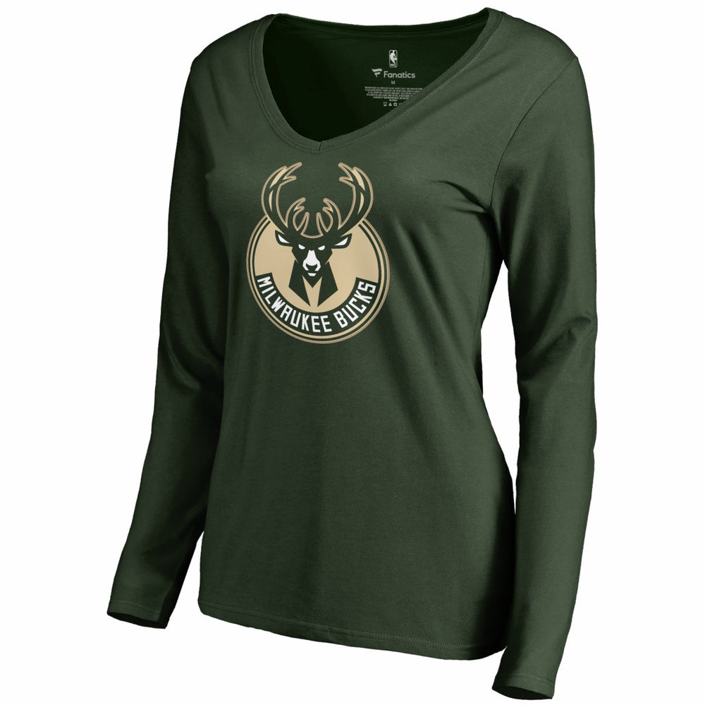 Giannis Antetokounmpo Milwaukee Bucks Women's Team Backer Name & Number Long Sleeve V-Neck T-Shirt Hunter Green
