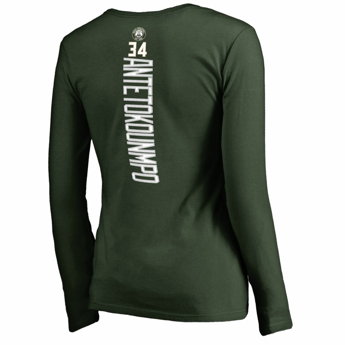 Giannis Antetokounmpo Milwaukee Bucks Women's Team Backer Name & Number Long Sleeve V-Neck T-Shirt Hunter Green