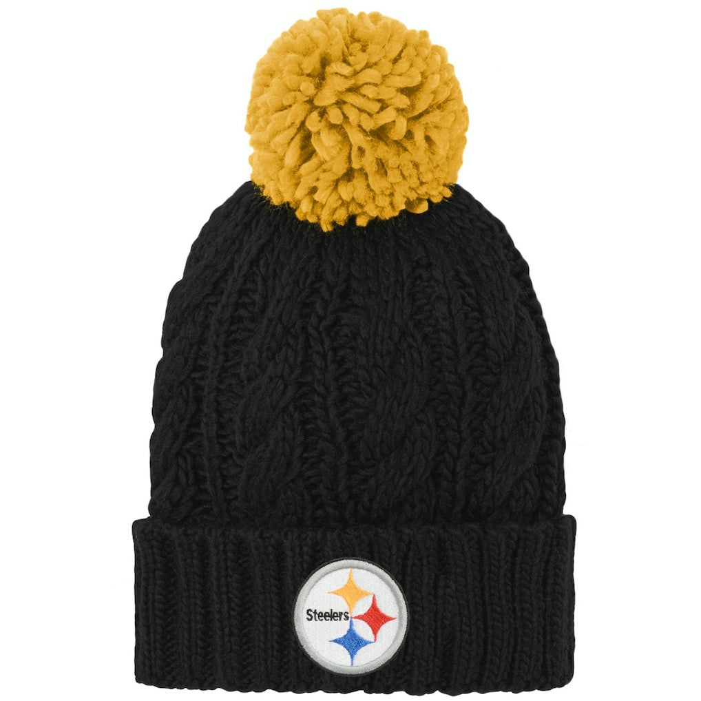 Pittsburgh Steelers Girls Youth Team Cable Cuffed Knit Hat with Pom - Black - NFL